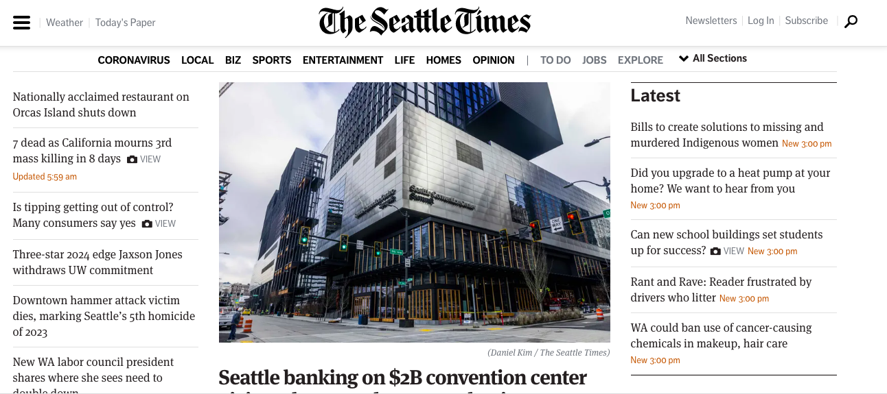 The homepage of The Seattle Times, with the "Latest" articles box at top right.