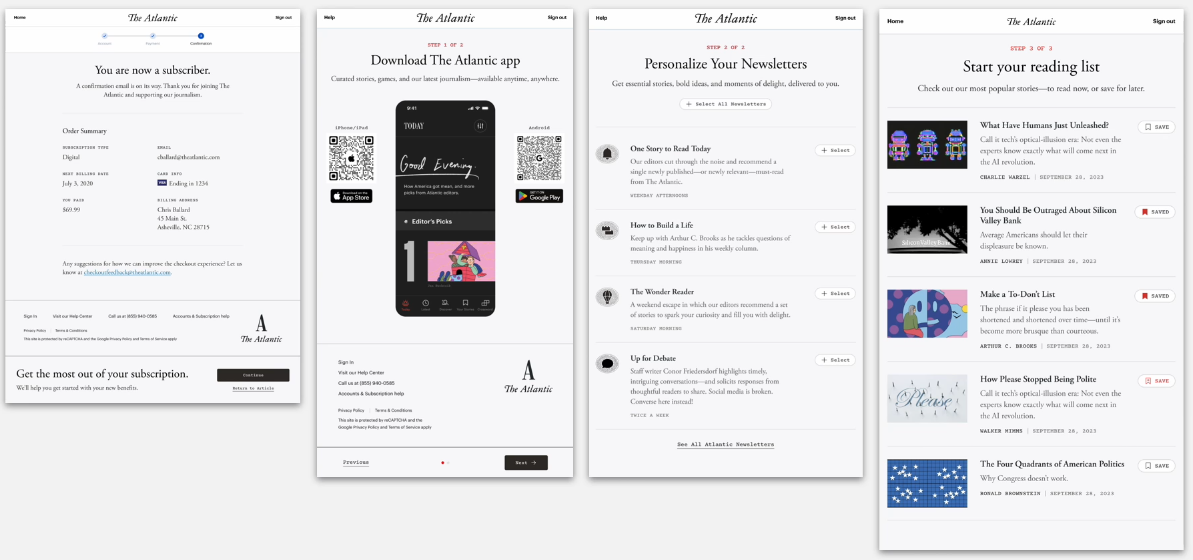 Onboarding flow encouraging new subscribers to download the app and sign up for newsletters.